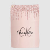 Roos goud glitter druppelt op aangepaste monogram  golfhanddoek (Voorkant)