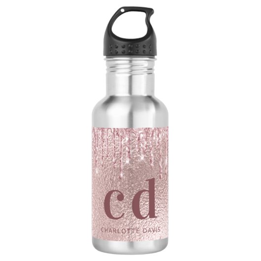 Roos goud glitter druppelt roze aangepaste monogra waterfles  (Voorkant)