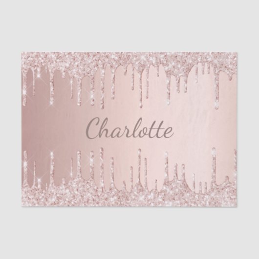 Roos goud glitter druppelt roze girale monogram tissuepapier (Voorkant)