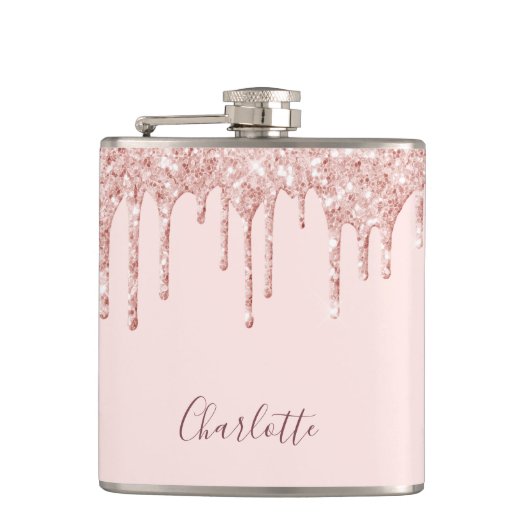 Roos goud glitter druppelt roze monogram heupfles (Voorkant)