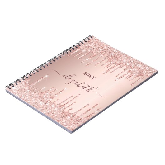 Roos goud glitter druppelt roze monogram luxe notitieboek (Linkerzijde)