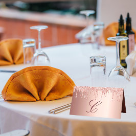 Roos goud glitter druppelt zwart monogram initiaal plaatskaartje