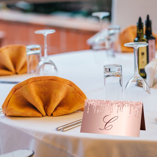 Roos goud glitter druppelt zwart monogram initiaal plaatskaartje