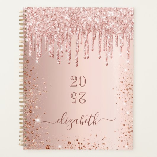 Roos goud glitter druppelt zwart monogram naam 202 planner (Voorkant)