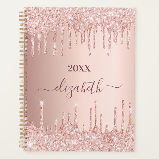 Roos goud glitter drupt roze monogram 2023 planner (Voorkant)