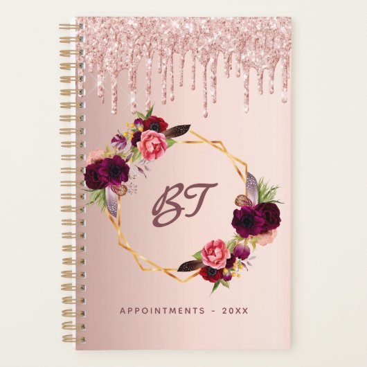 Roos goud glitter floral burgundy monogram planner (Voorkant)