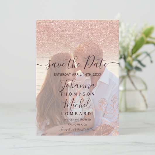 Roos goud glitter floral red foto behalve datum save the date (Staand voorkant)