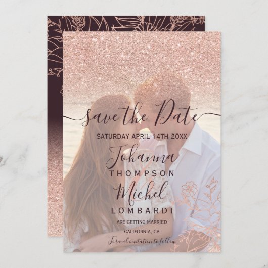 Roos goud glitter floral red foto behalve datum save the date (Voorkant / Achterkant)