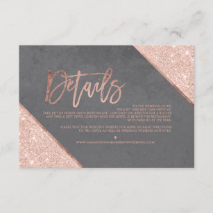Roos goud glitter grijs cement bruiloft informatiekaartje