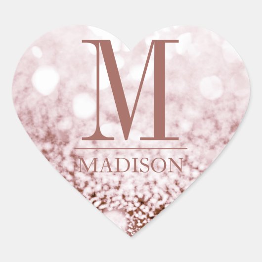 Roos Goud Glitter Hart Naam Initiaal Monogram Sticker (Voorkant)