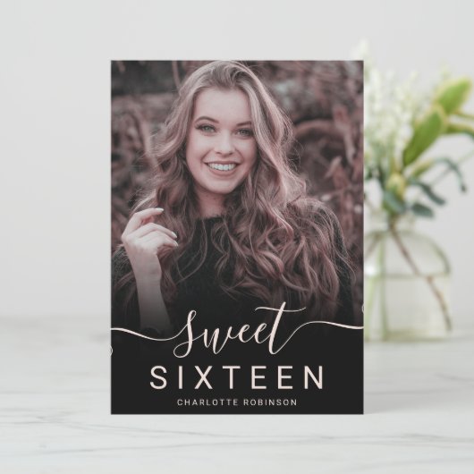 Roos goud glitter holografisch 5 foto's zoet 16 kaart (Staand voorkant)