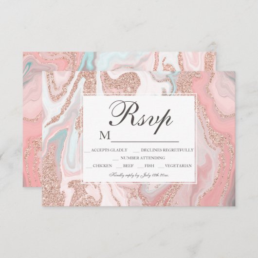 Roos goud glitter koraalroze marmer 16 RSVP (Voorkant / Achterkant)
