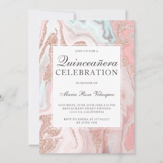 Roos goud glitter koraalroze marmer Quinceanera Kaart (Voorkant)