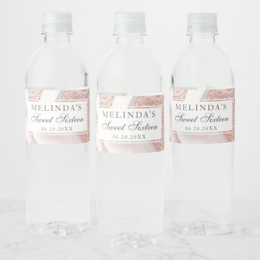 Roos goud glitter koraalroze marmer zoet 16 waterfles etiket (Flessen)