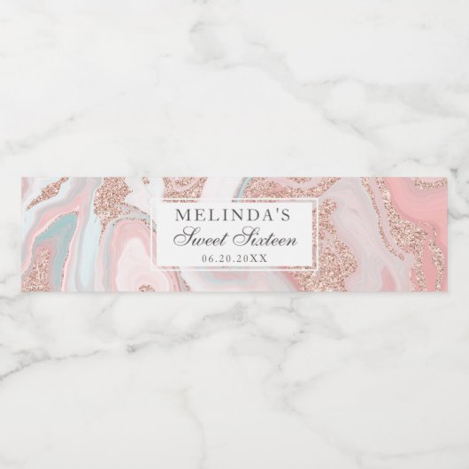 Roos goud glitter koraalroze marmer zoet 16 waterfles etiket (Enkel label)