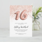 Roos goud glitter letters roze glazuur zoet 16 kaart (Staand voorkant)