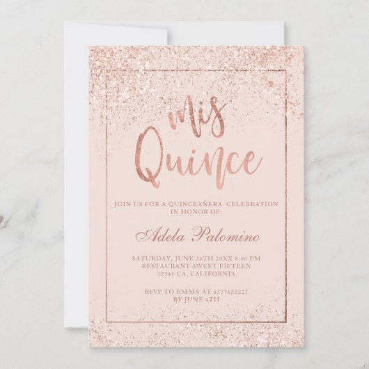 Roos goud glitter lijst script blauw Quinceañera Kaart (Voorkant)