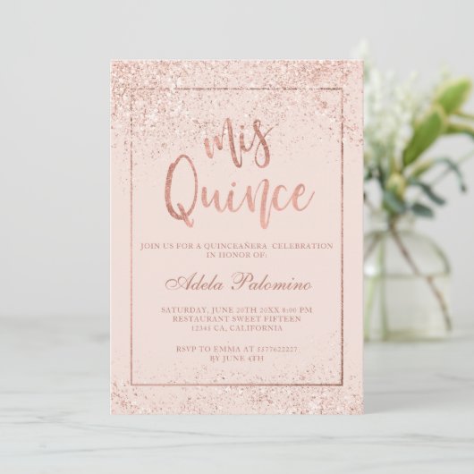 Roos goud glitter lijst script blauw Quinceañera Kaart (Staand voorkant)