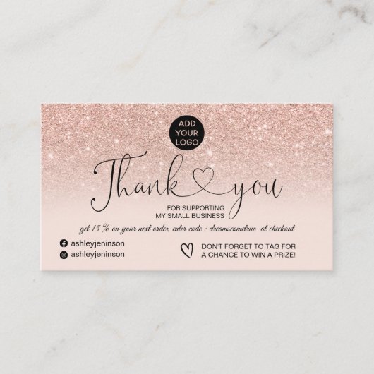Roos goud glitter logo wazig roze orde dank u visitekaartje (Voorkant)