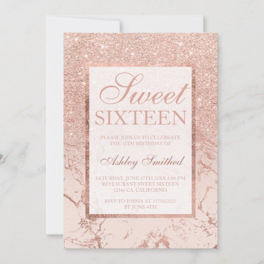 Roos goud glitter marmer elegant chic Sweet 16 Kaart (Voorkant)