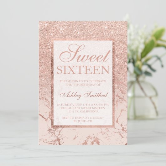 Roos goud glitter marmer elegant chic Sweet 16 Kaart (Staand voorkant)