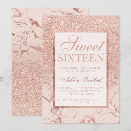 Roos goud glitter marmer elegant chic Sweet 16 Kaart (Voorkant / Achterkant)