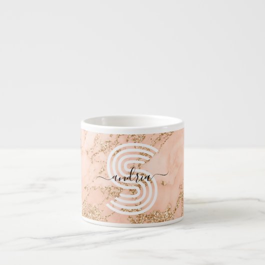 Roos Goud Glitter Marmer, Script Naam WHT Monogram Espresso Kop (Voorkant)