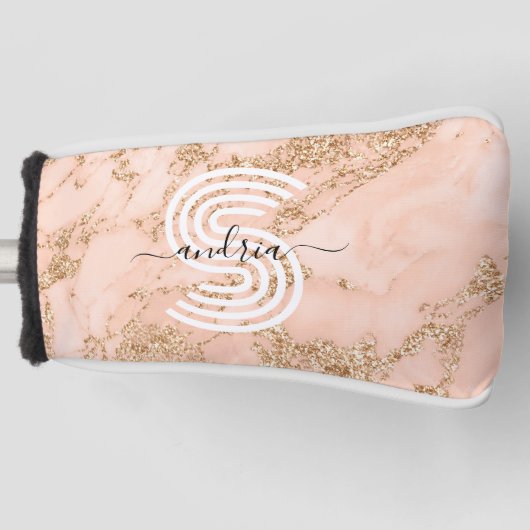 Roos Goud Glitter Marmer, Script Naam WHT Monogram Golfheadcover (Voorkant)