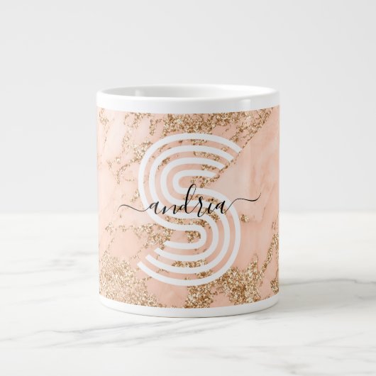 Roos Goud Glitter Marmer, Script Naam WHT Monogram Grote Koffiekop (Voorkant)