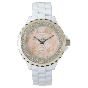 Roos Goud Glitter Marmer, Script Naam WHT Monogram Horloge