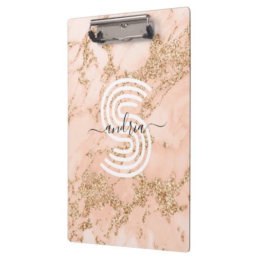 Roos Goud Glitter Marmer, Script Naam WHT Monogram Klembord (Links)