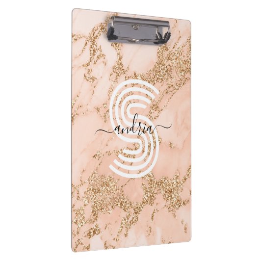 Roos Goud Glitter Marmer, Script Naam WHT Monogram Klembord (Rechts)