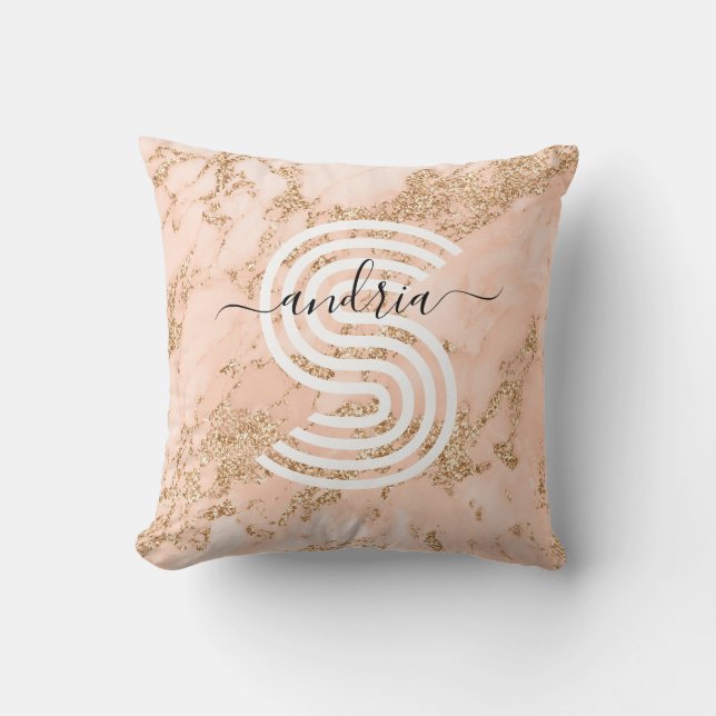 Roos Goud Glitter Marmer, Script Naam WHT Monogram Kussen (Voorkant)