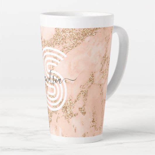 Roos Goud Glitter Marmer, Script Naam WHT Monogram Latte Mok (Rechterhoek)