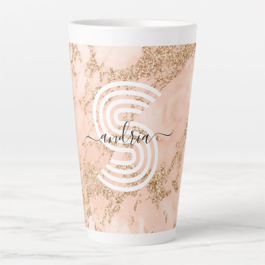 Roos Goud Glitter Marmer, Script Naam WHT Monogram Latte Mok (Voorkant)