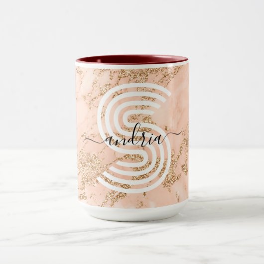 Roos Goud Glitter Marmer, Script Naam WHT Monogram Mok (Midden)