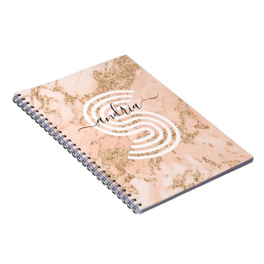 Roos Goud Glitter Marmer, Script Naam WHT Monogram Notitieboek (Rechterzijde)