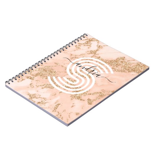 Roos Goud Glitter Marmer, Script Naam WHT Monogram Notitieboek (Linkerzijde)