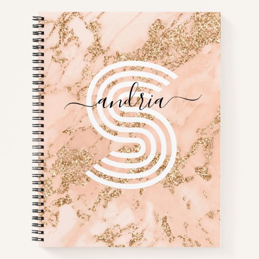 Roos Goud Glitter Marmer, Script Naam WHT Monogram Notitieboek (Voorkant)