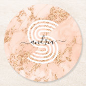 Roos Goud Glitter Marmer, Script Naam WHT Monogram Ronde Kartonnen Onderzetter (Voorkant)
