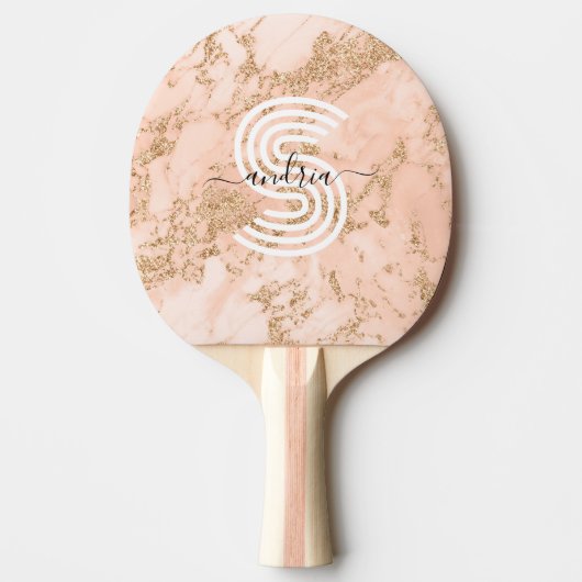 Roos Goud Glitter Marmer, Script Naam WHT Monogram Tafeltennisbatje (Voorkant)