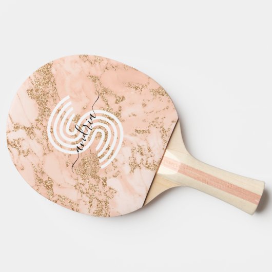 Roos Goud Glitter Marmer, Script Naam WHT Monogram Tafeltennisbatje (Zijkant)