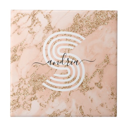 Roos Goud Glitter Marmer, Script Naam WHT Monogram Tegeltje (Voorkant)