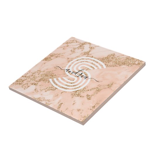 Roos Goud Glitter Marmer, Script Naam WHT Monogram Tegeltje (Zijkant)
