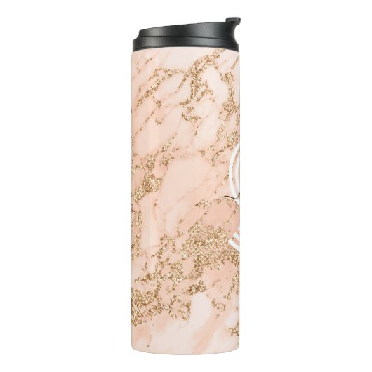 Roos Goud Glitter Marmer, Script Naam WHT Monogram Thermosbeker (Gedraaid links)