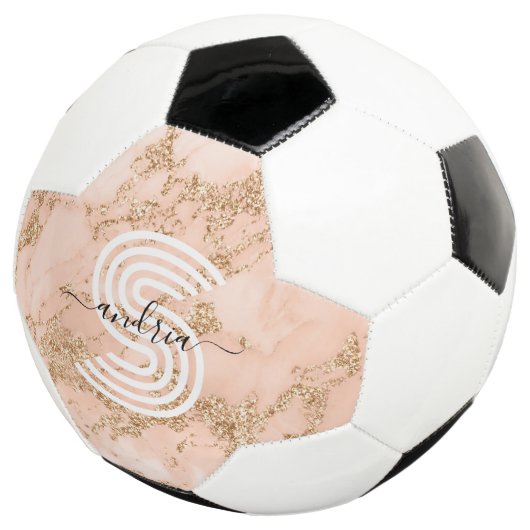 Roos Goud Glitter Marmer, Script Naam WHT Monogram Voetbal (Drie kwart)