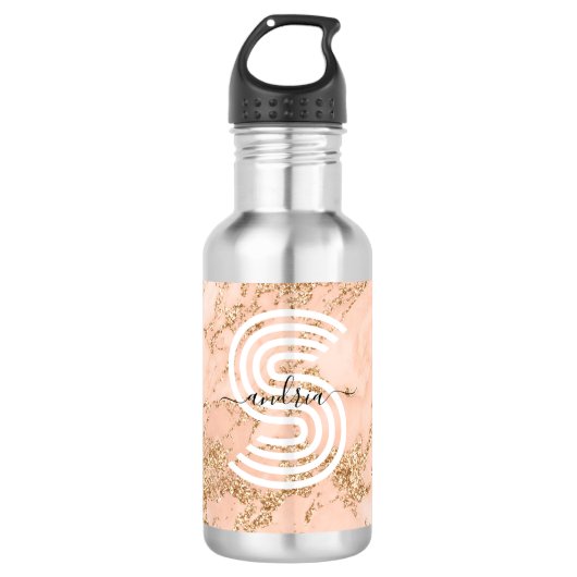 Roos Goud Glitter Marmer, Script Naam WHT Monogram Waterfles (Voorkant)