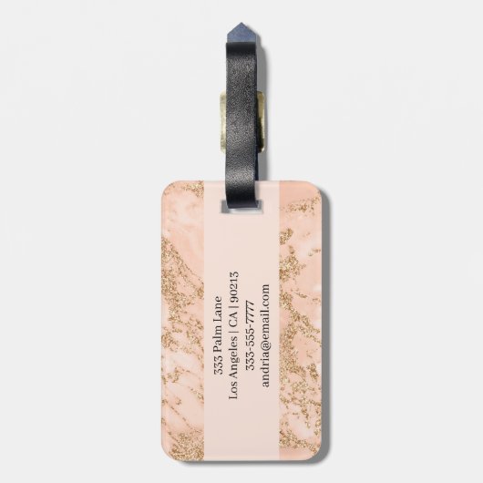 Roos Goud Glitter Marmer, Zwart Script Naam Bagagelabel (Achterkant verticaal)