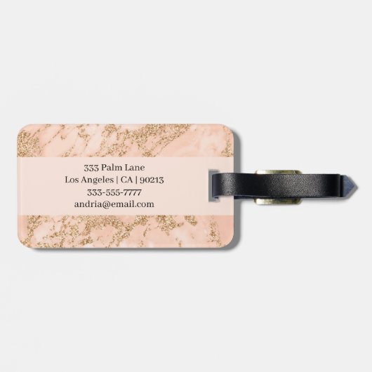 Roos Goud Glitter Marmer, Zwart Script Naam Bagagelabel (Achterkant horizontaal)