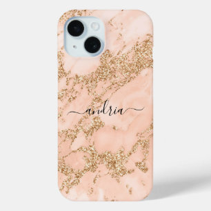 Roos Goud Glitter Marmer, Zwart Script Naam iPhone 15 Case